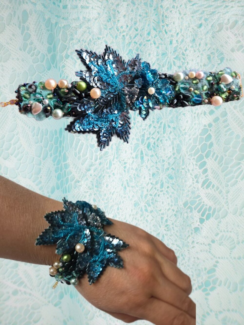 Blue Mermaidcore Sequin and Bead Embroidered Bracelet Romantic Mermaidcore